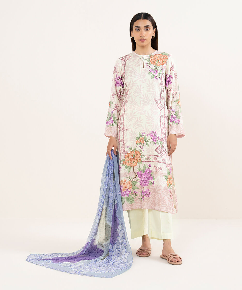 Women's RTW Arabic Lawn Off White Printed Straight Shirt