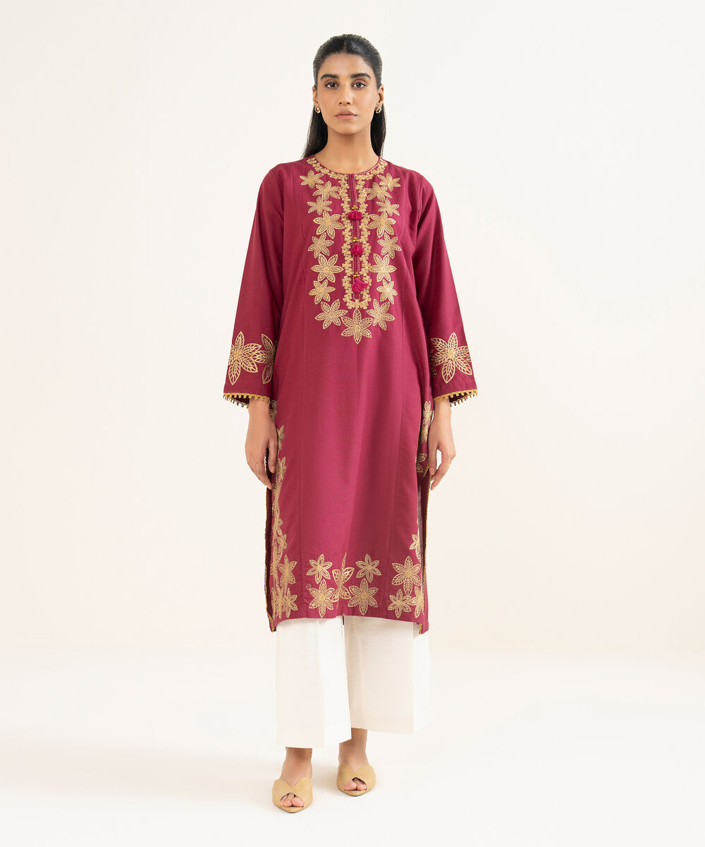 Women's RTW Light Khaddar Embroidered Pink A-Line Shirt