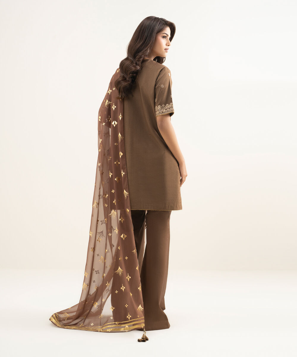 Women's Unstitched Zari Lawn Embroidered Brown 3 Piece Suit