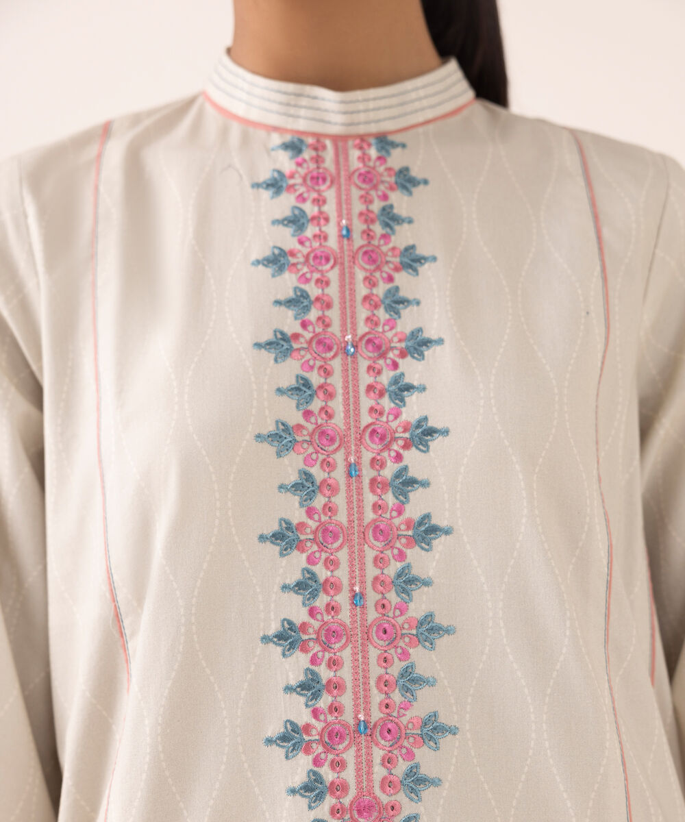 Women's Unstitched Cotton Embroidered Beige Three Piece Suit