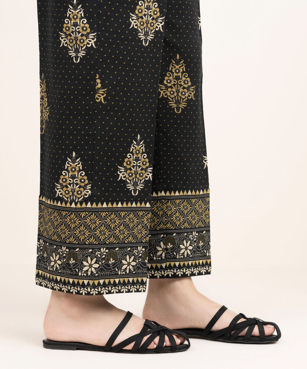 Women's RTW Khaddar Printed Black Straight Pants