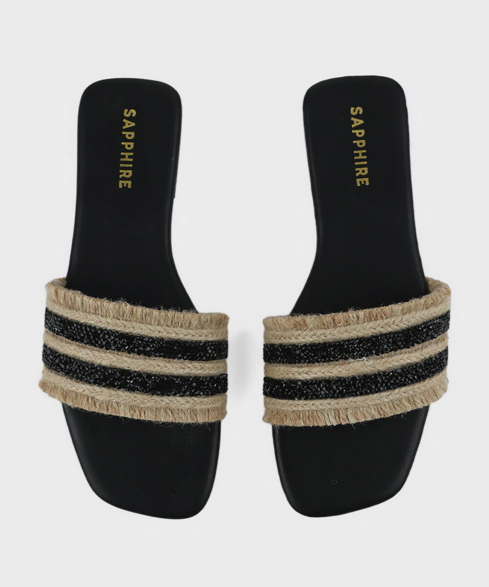 Woman - Black Embellished Jute Flats