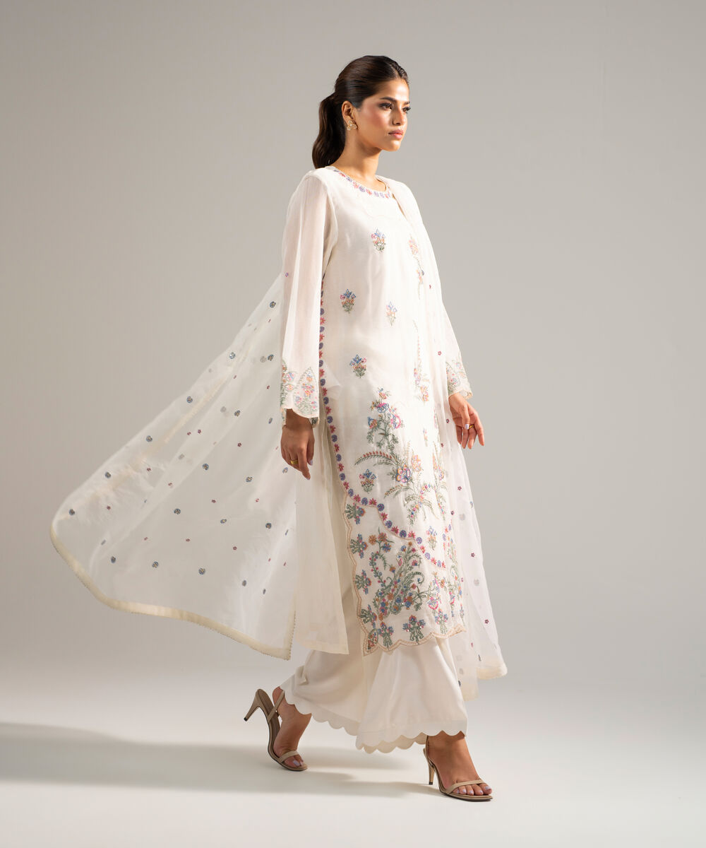 Women's RTW Khaddi Net Embroidered Off White 3 Piece Suit