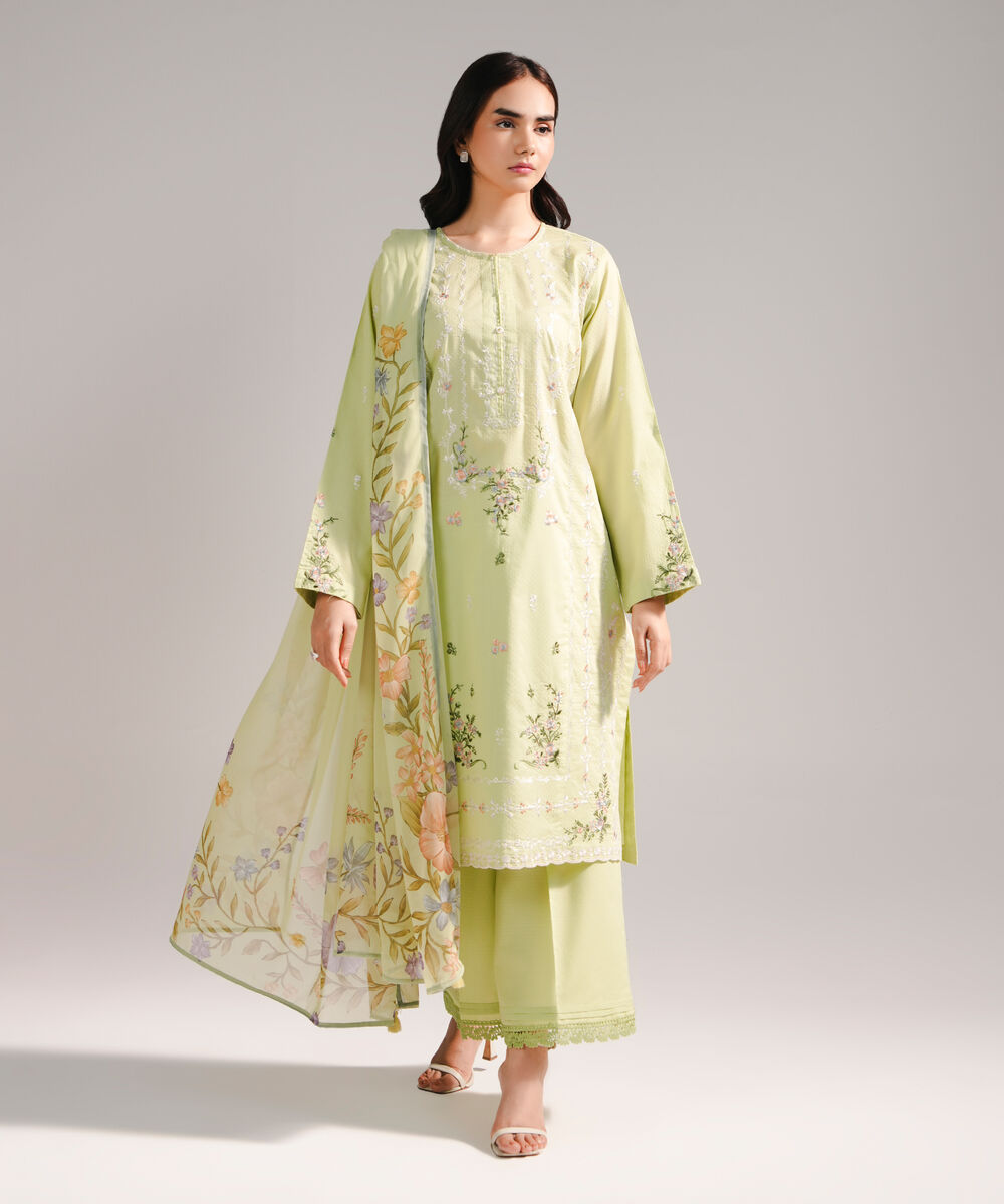 Women's RTW Dobby Embroidered Green 3 Piece Suit