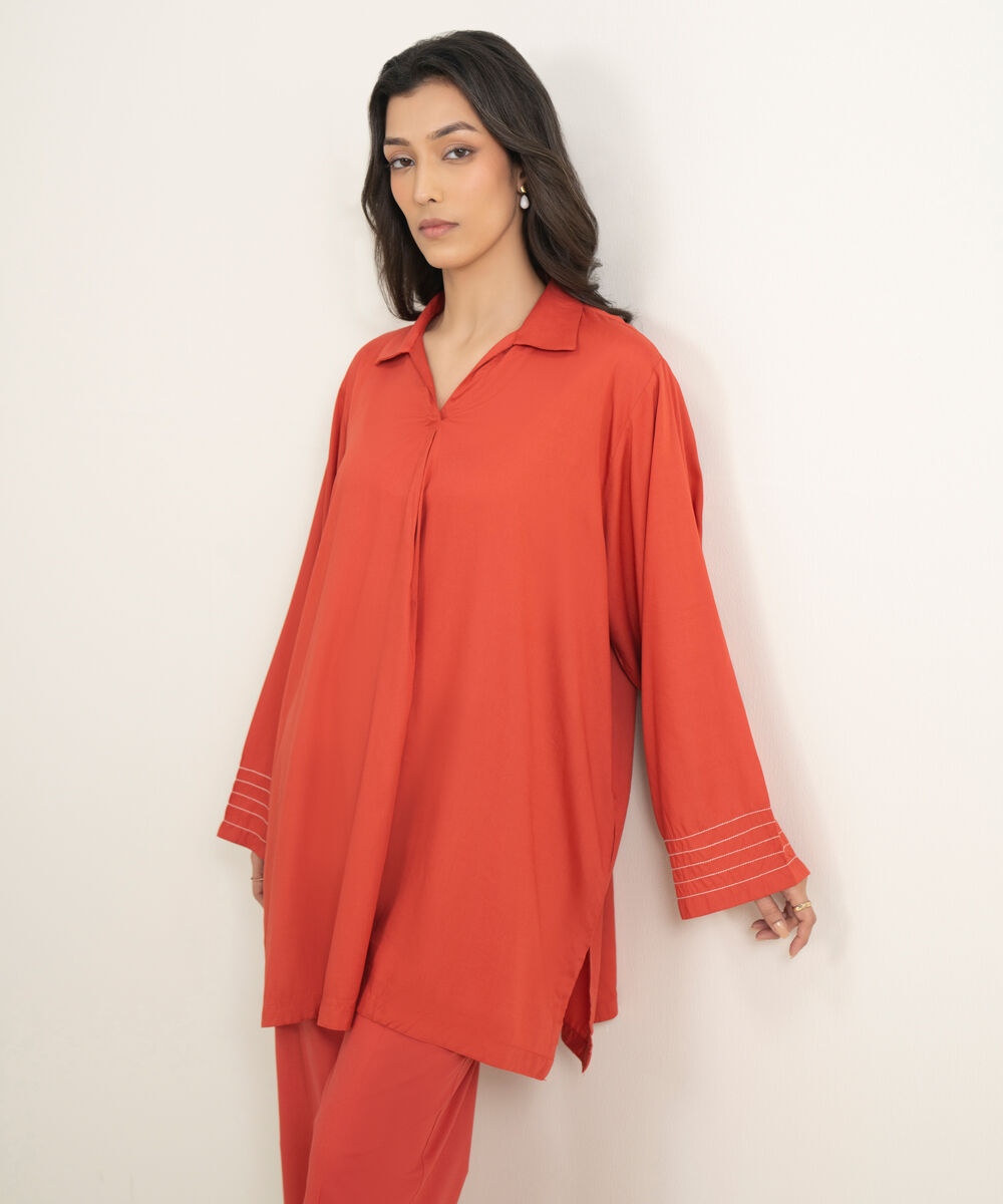 Women's RTW Arabic Lawn Solid Orange Straight Shirt