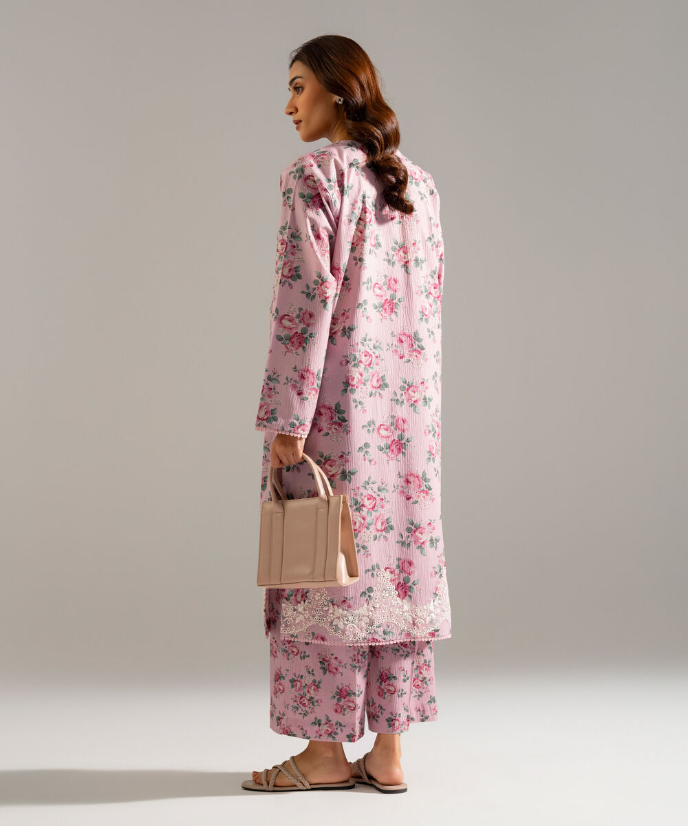 Women's RTW Seersucker Embroidered Pink 2 Piece Suit