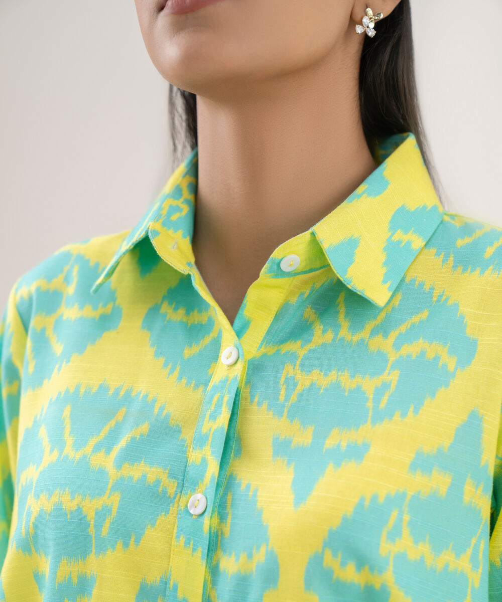 Women's RTW Light Khaddar Printed Button Down Lime Green Shirt