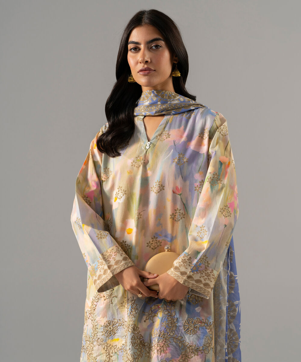 Women's RTW Cambric Embroidered Blue 3 Piece Suit