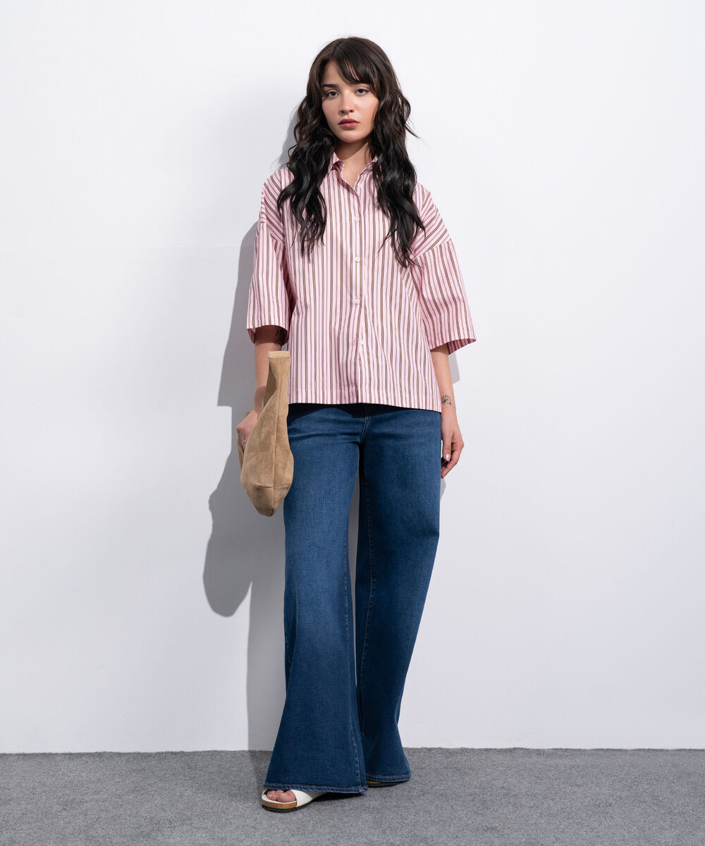 Women's Western Pink And Brown Boxy Stripe Printed Shirt