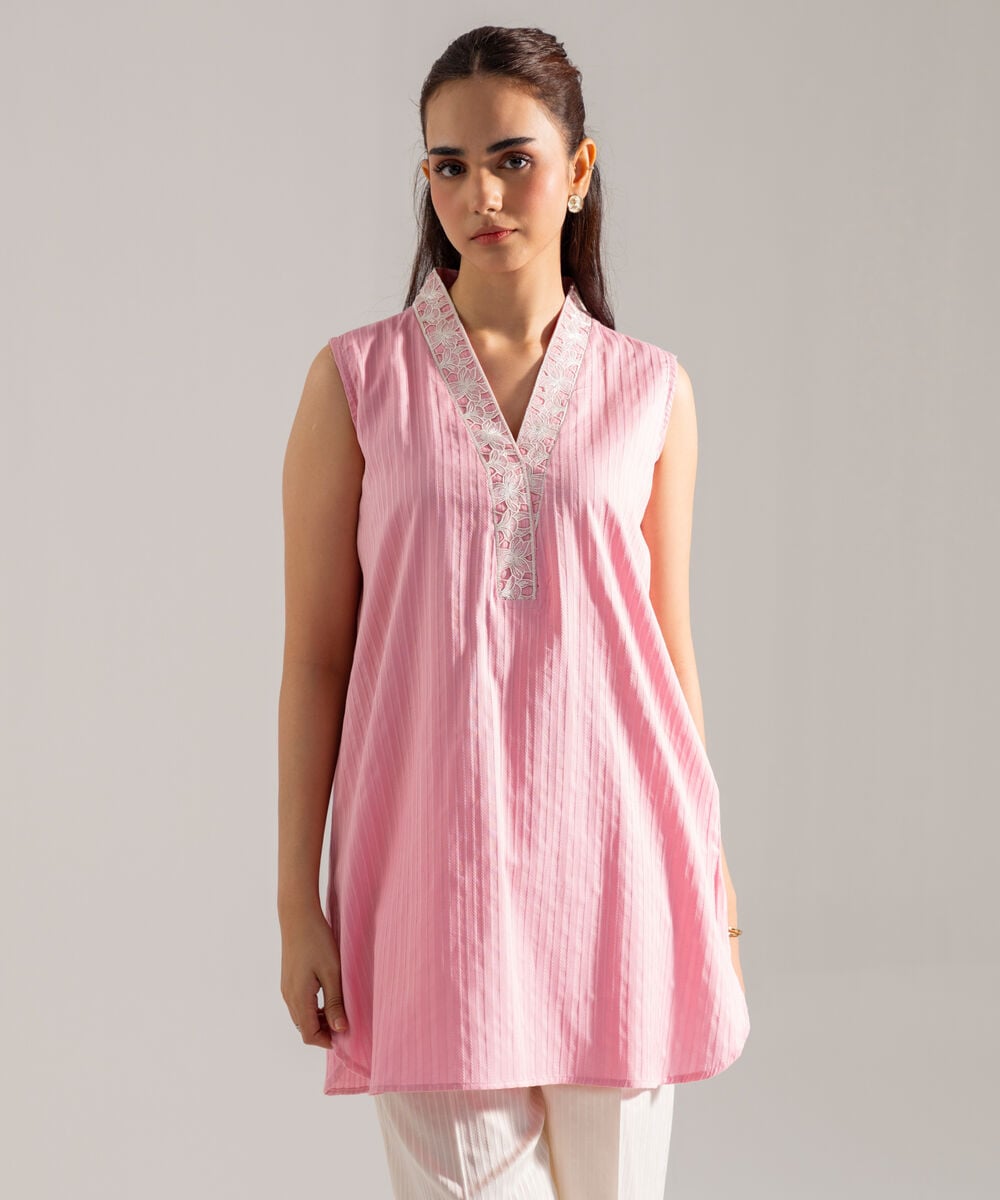 Women's RTW Dobby Strip Solid Pink 2 Piece Suit