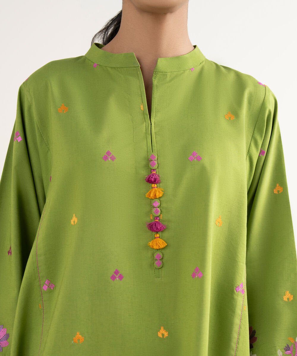 Women's Unstitched Cotton Viscose Embroidered Green 3 Piece Suit
