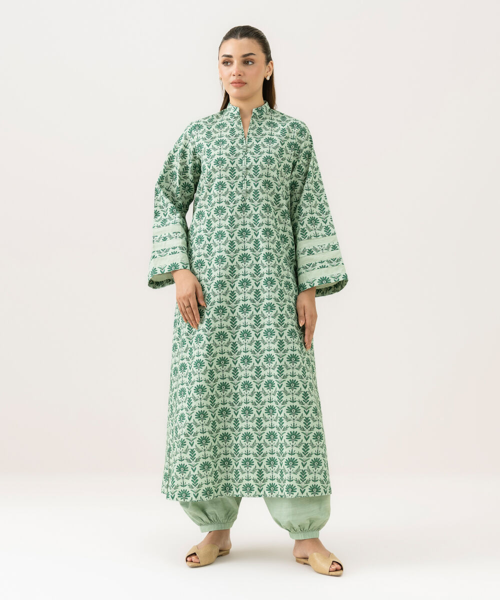 Women's Unstitched Cotton Printed Green 2 Piece Suit