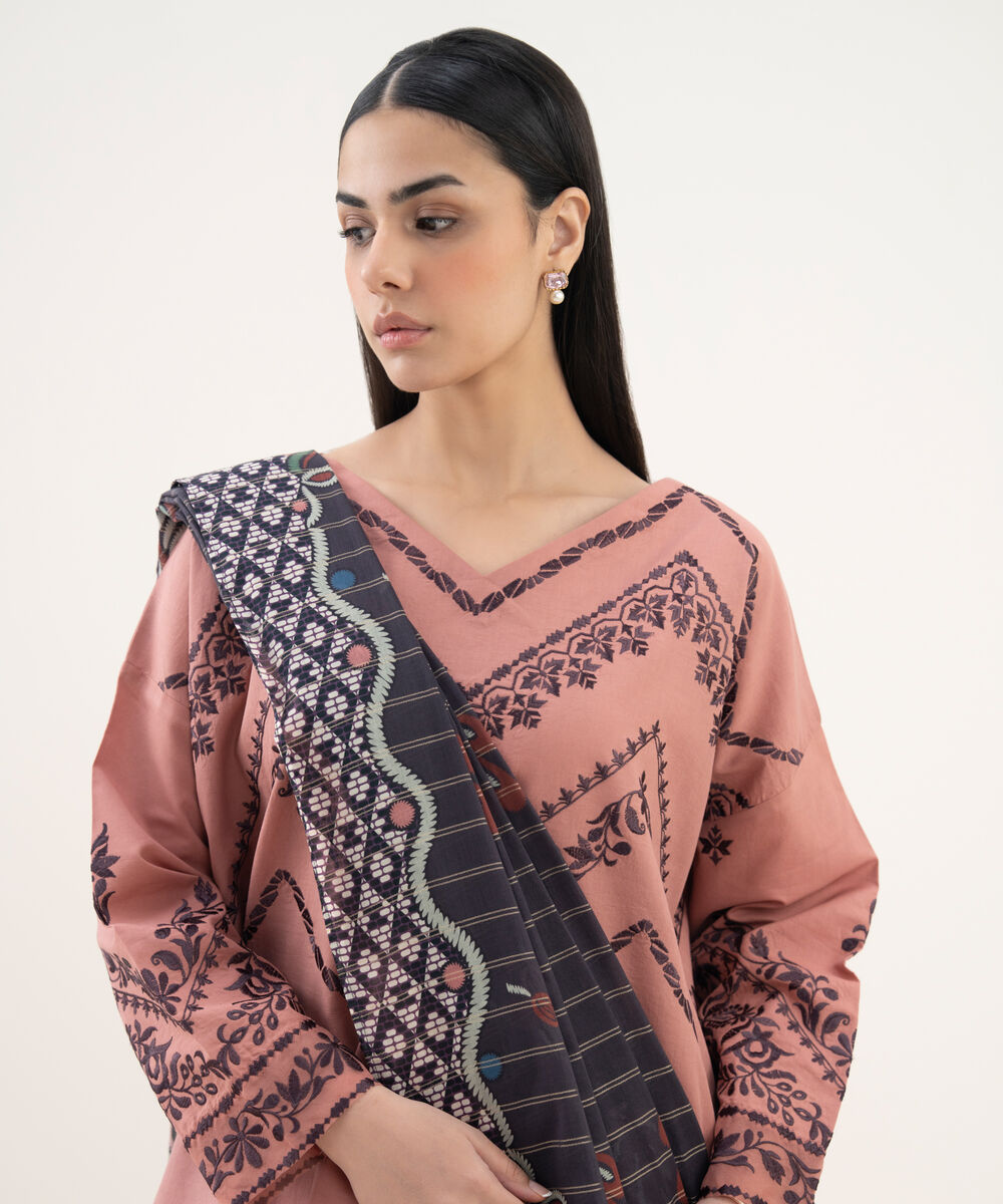 Women's Unstitched Cotton Embroidered Pink 3 Piece Suit