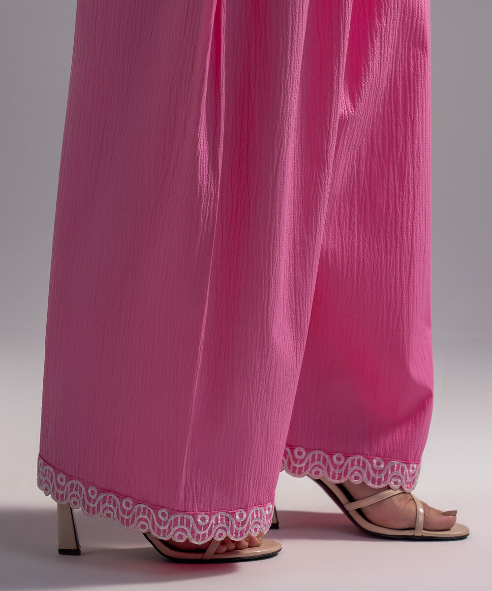 Women's RTW Seersucker Embroidered Pink Shalwar
