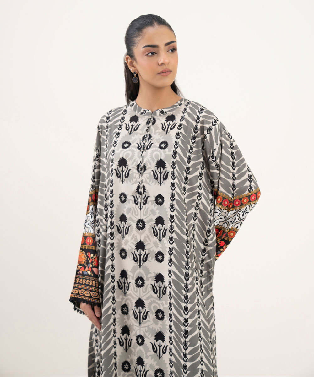 Women's RTW Viscose Linen Printed A-Line Grey Shirt