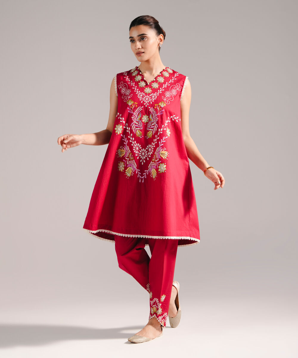 Women's RTW Seersucker Embroidered Red A-Line Shirt