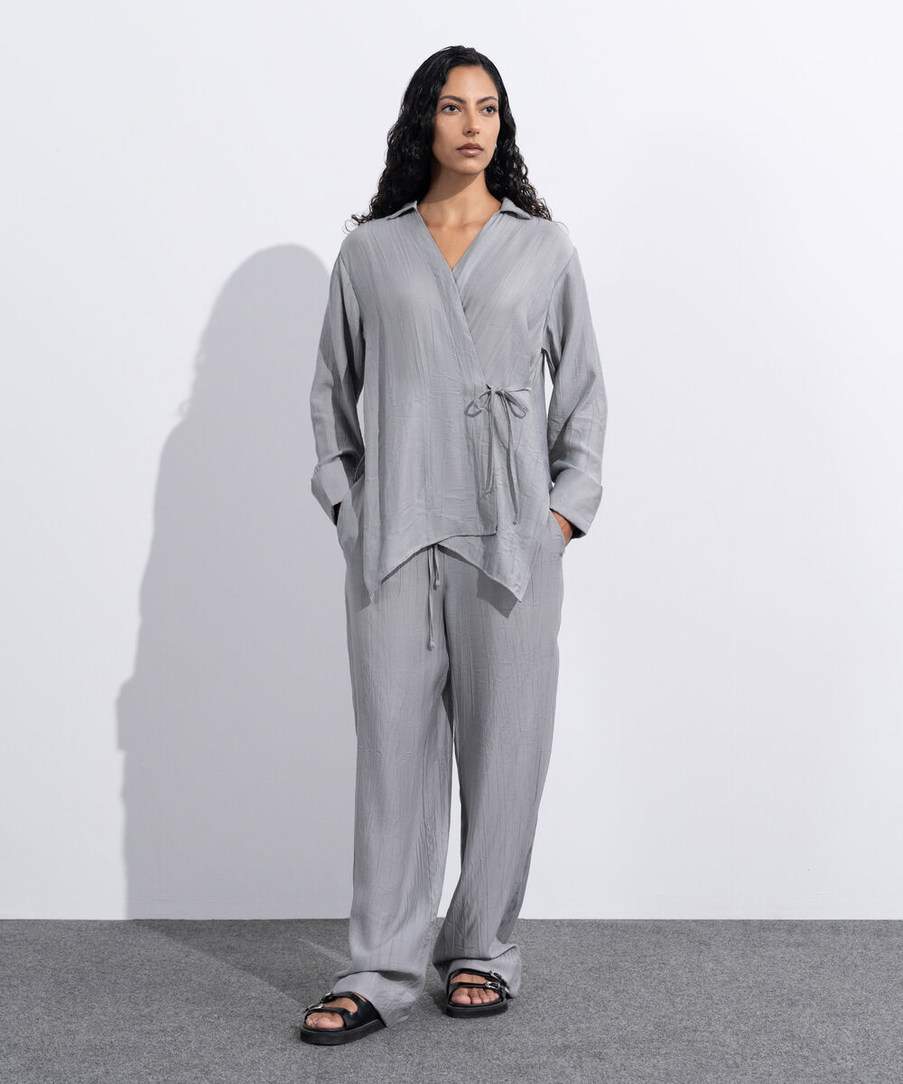 Women's Western Wear Grey Textured Wrap Around Shirt