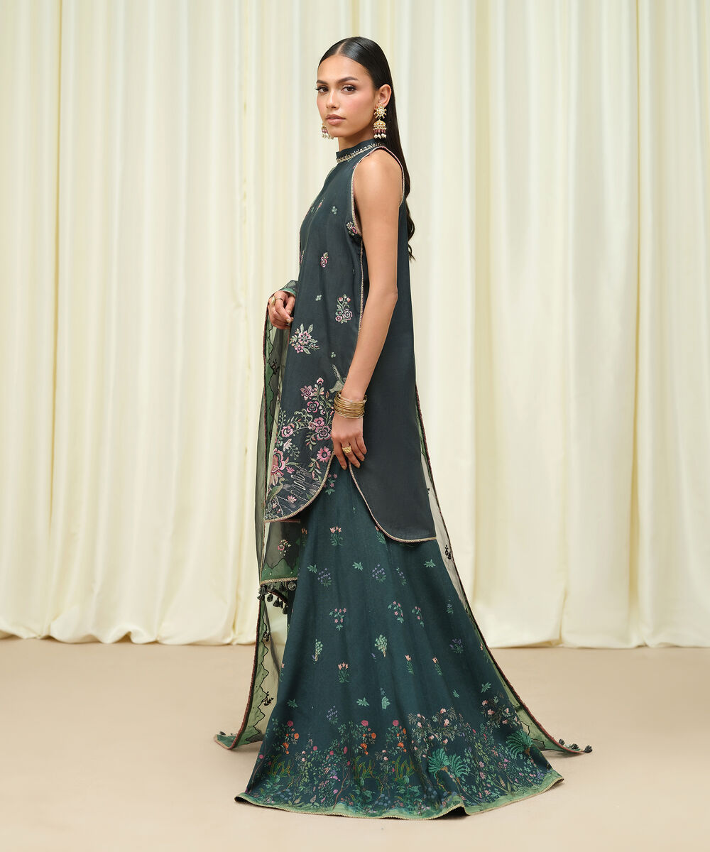 Women's Unstitched Raw Silk Embroidered Green 3 Piece Suit