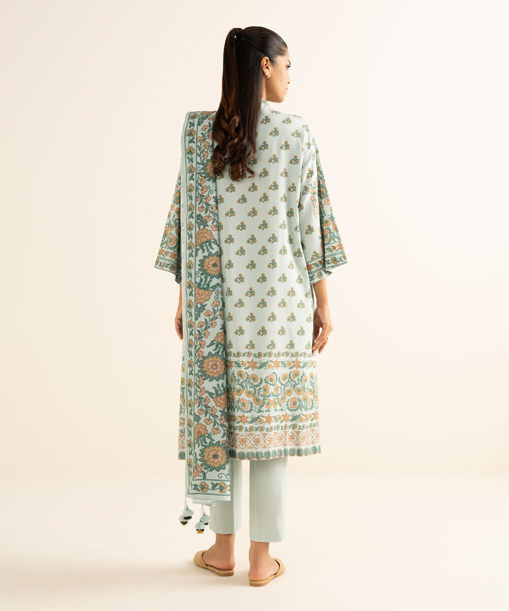 Women's Unstitched Linen Printed Blue 3 Piece Suit