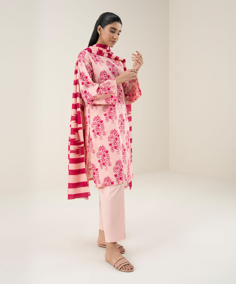 Women's Unstitched Lawn Printed Pink 3 Piece Suit