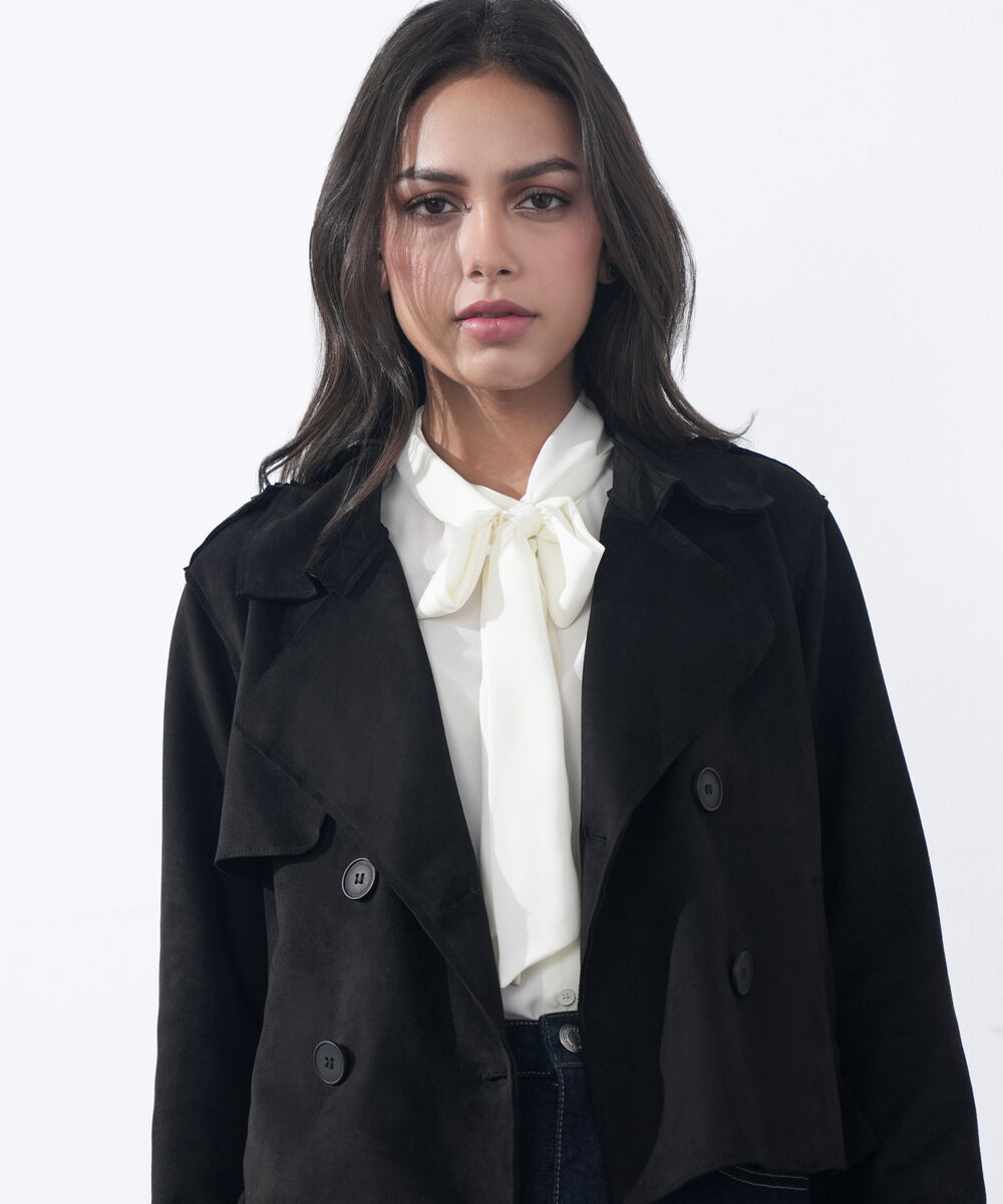 Women's Western Wear Black Faux Suede Trench Coat