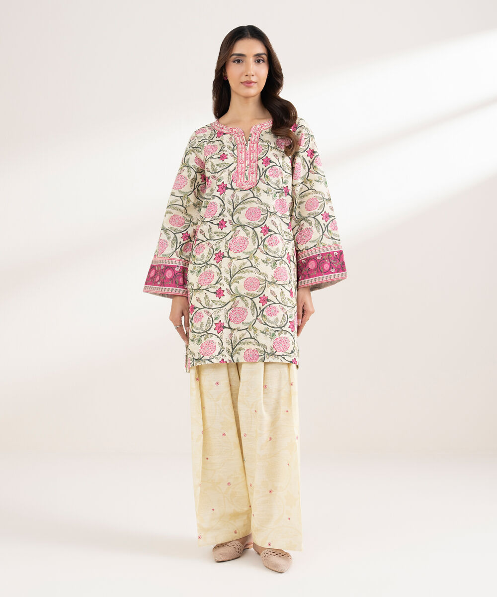 Women's RTW Khaddar Embroidered Straight Pale Yellow Shirt