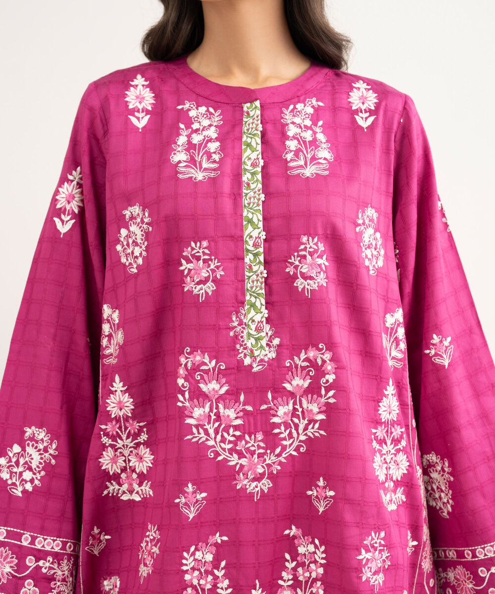 Women's RTW Dobby Embroidered Pink Straight Shirt