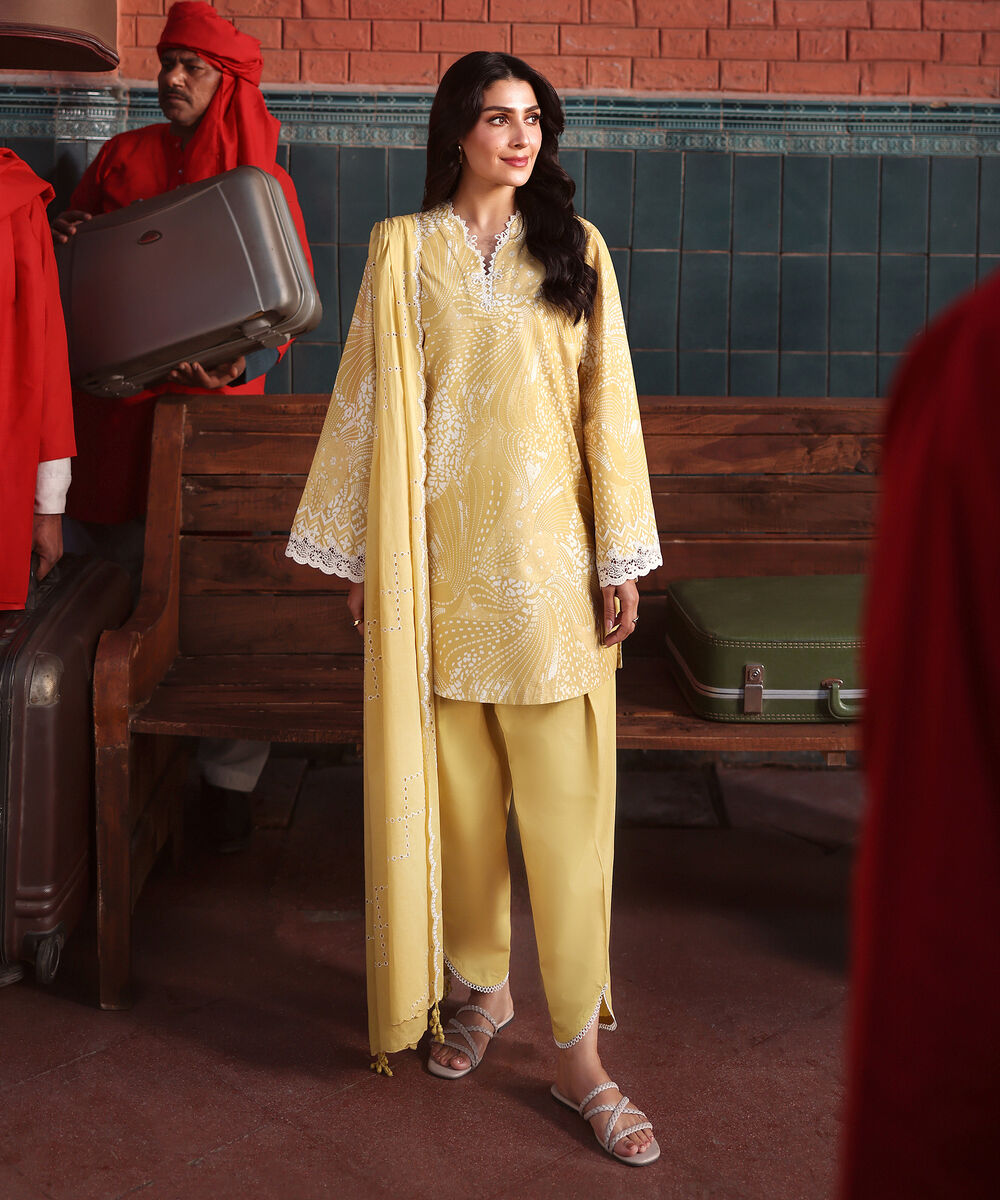 Women's Unstitched Lawn Printed Yellow 3 Piece Suit