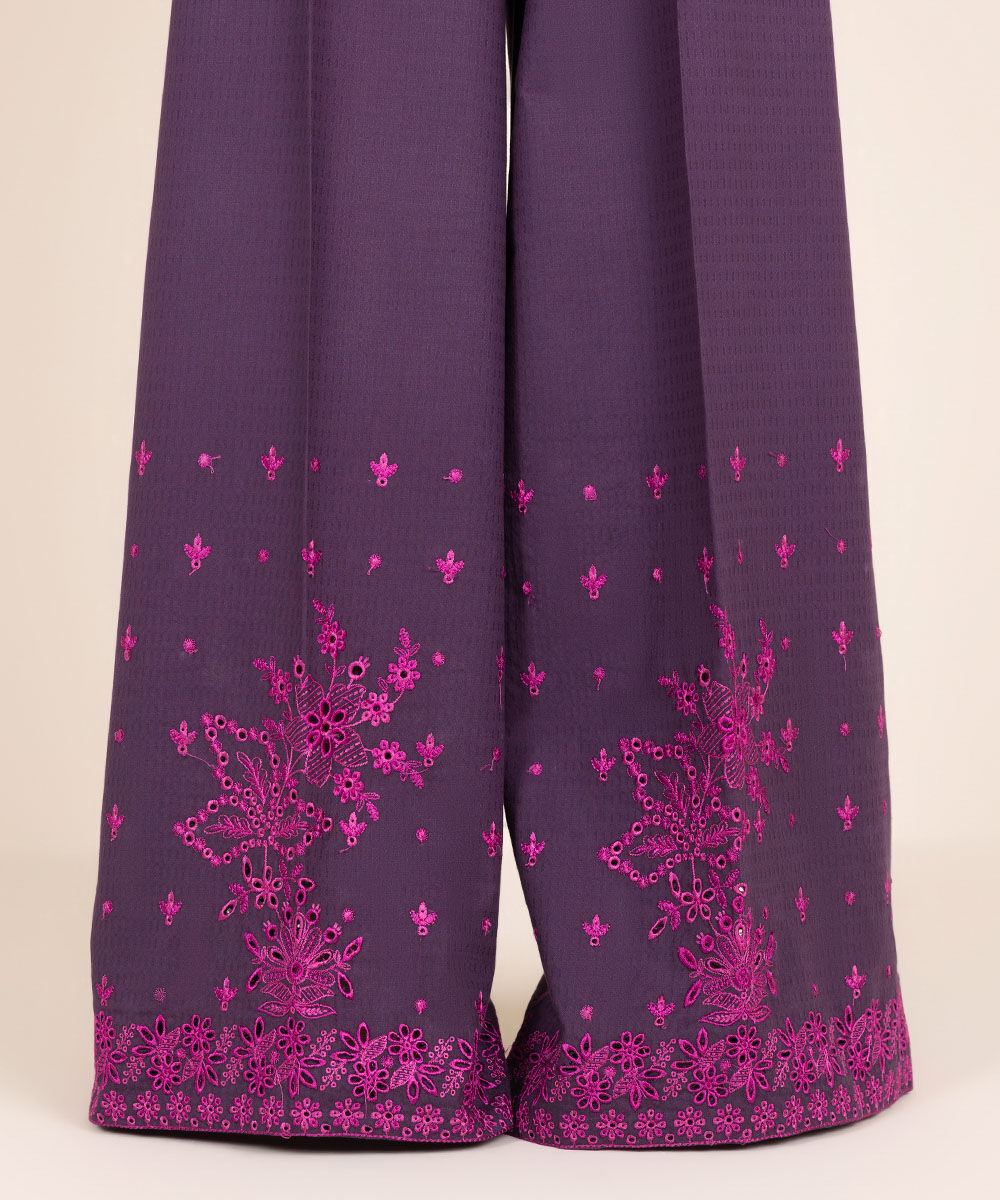 Women's RTW Textured Cotton Purple Embroidered Flared Pants