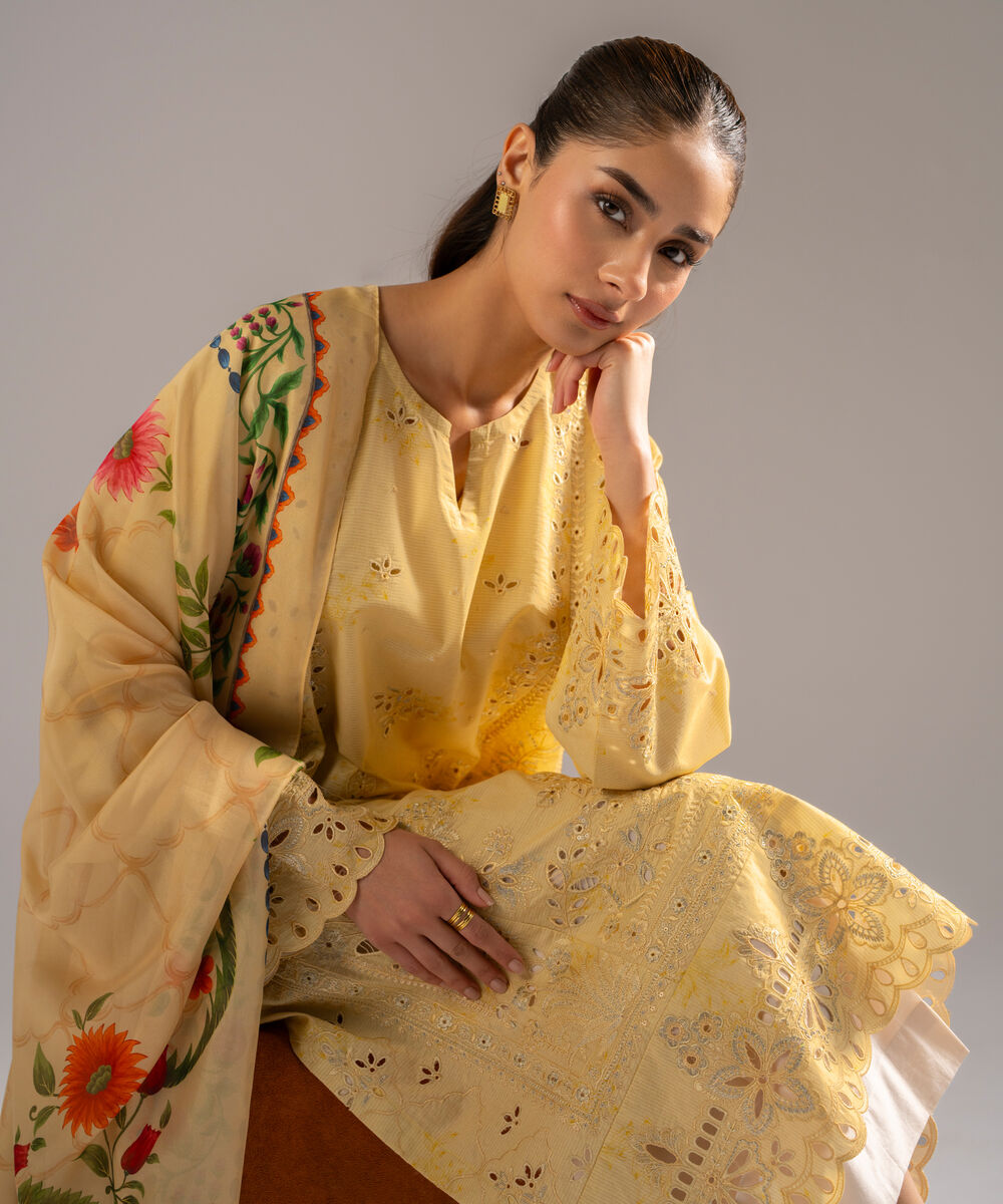 Women's RTW Zari Lawn Embroidered Pale Yellow 2 Piece Suit