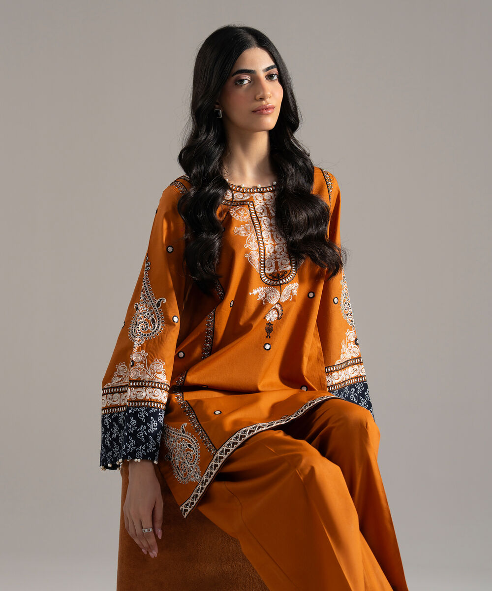 Women's RTW Cambric Embroideredroidered Mustard Brown Boxy Shirt