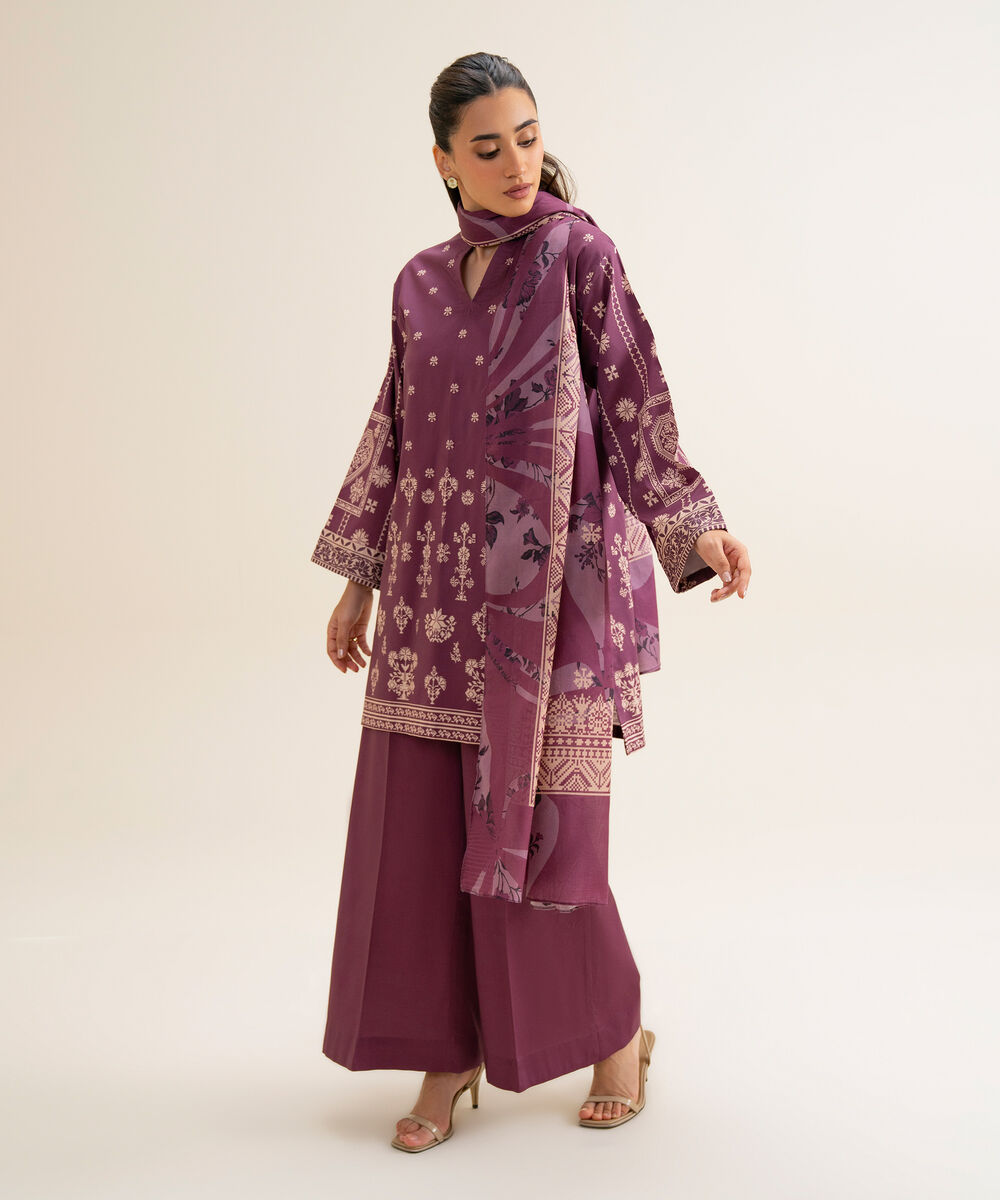 Women's Unstitched Cotton Viscose Printed Plum 3 Piece Suit