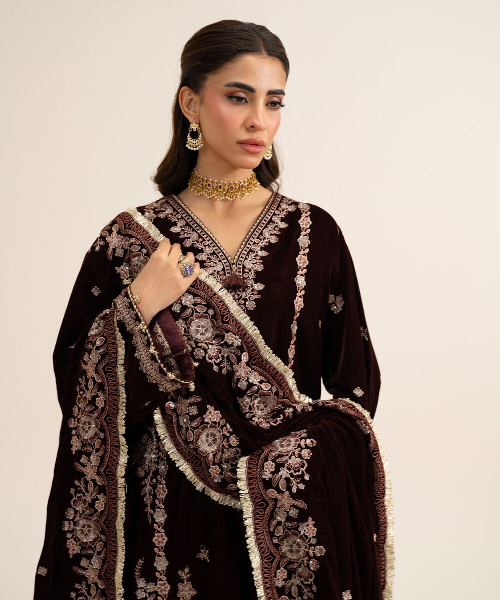 Women's Unstitched Velvet Embroidered Maroon 3 Piece Suit