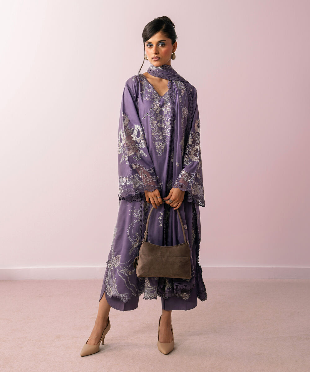 Women's RTW Dobby Embroidered Lavender 3 Piece Suit
