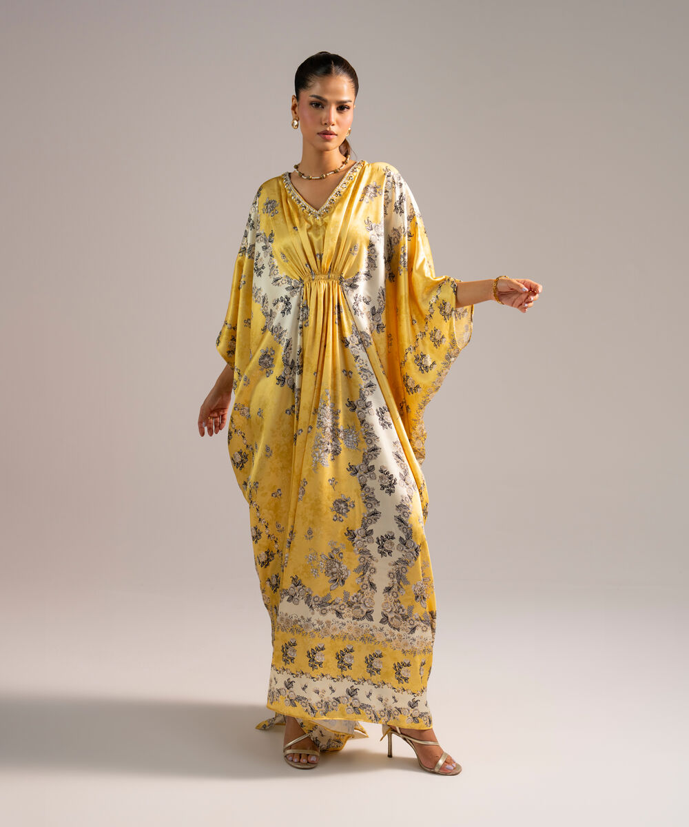 Women's RTW Blended Satin Printed Yellow Kaftan