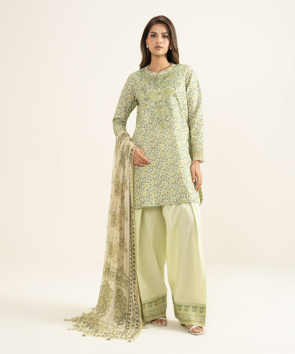 Women's Unstitched Lawn Embroidered Green 3 Piece Suit