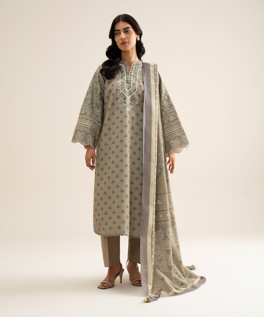 Women's Unstitched Premium Khaddar Embroidered Grey 3 Piece Suit