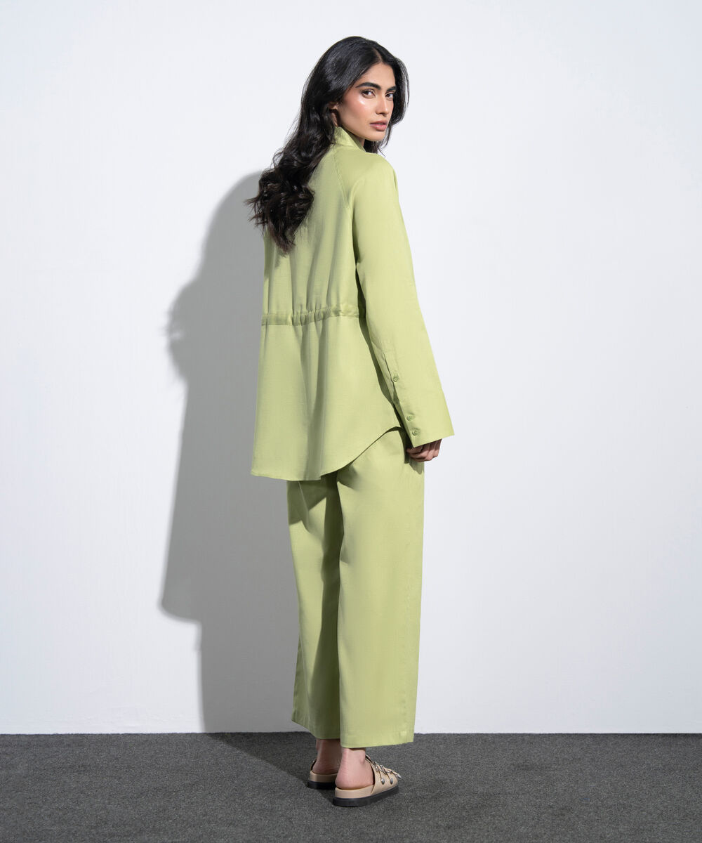 Women's Western Green Linen Blend Shirt With Waist Drawcord