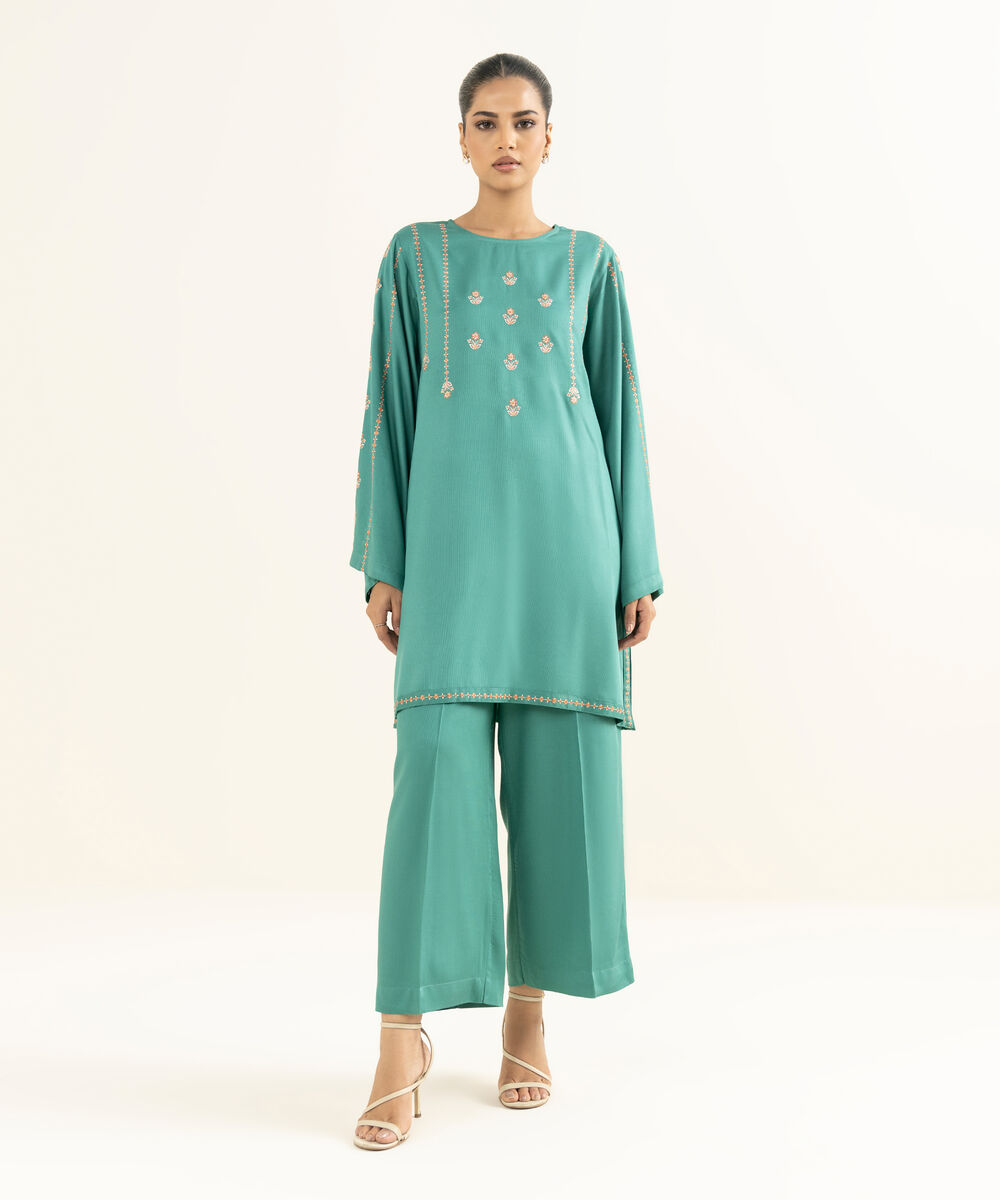 Women's RTW Bedford  Embroidered Sage Green Straight 2 Piece Suit