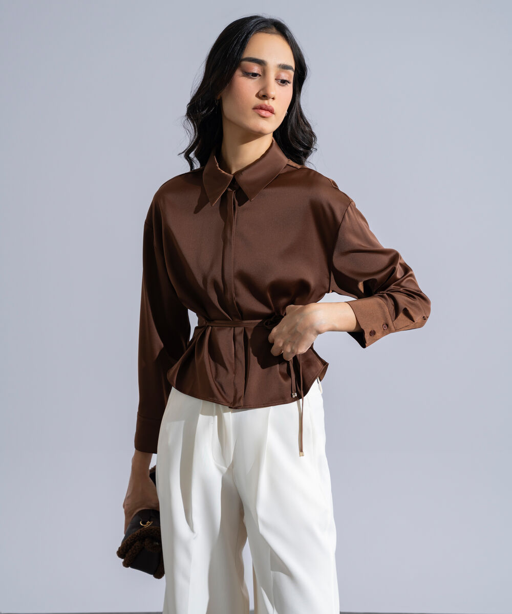 Women's Western Wear Brown Polyester Button Through Top With Drawstring