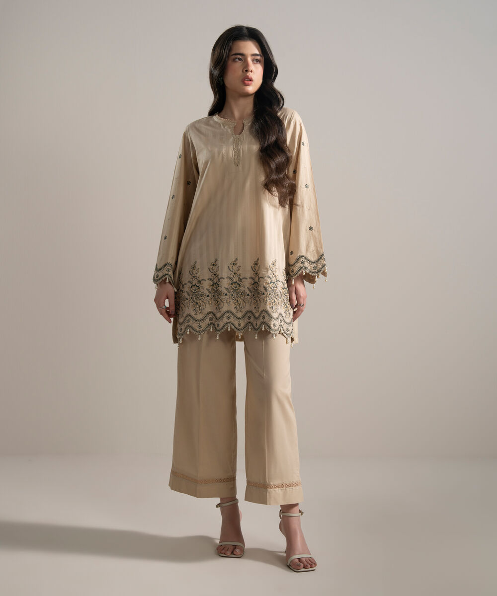 Women's RTW Leno Kara Embroidered Beige Straight Shirt
