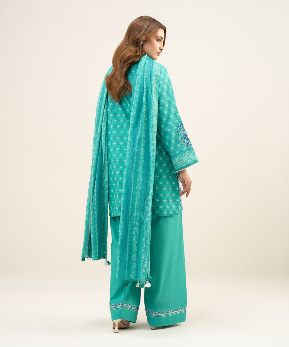 Women's Unstitched Lawn Embroidered Turquoise Green 3 Piece Suit