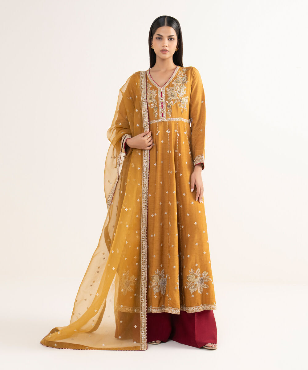 Women's RTW Raw Silk Mustard Embroidered 3 Piece Suit