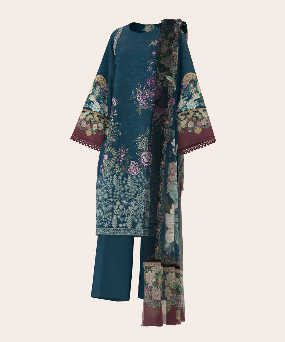 Women's Unstitched Lawn Teal Embroidered 3 Piece Suit