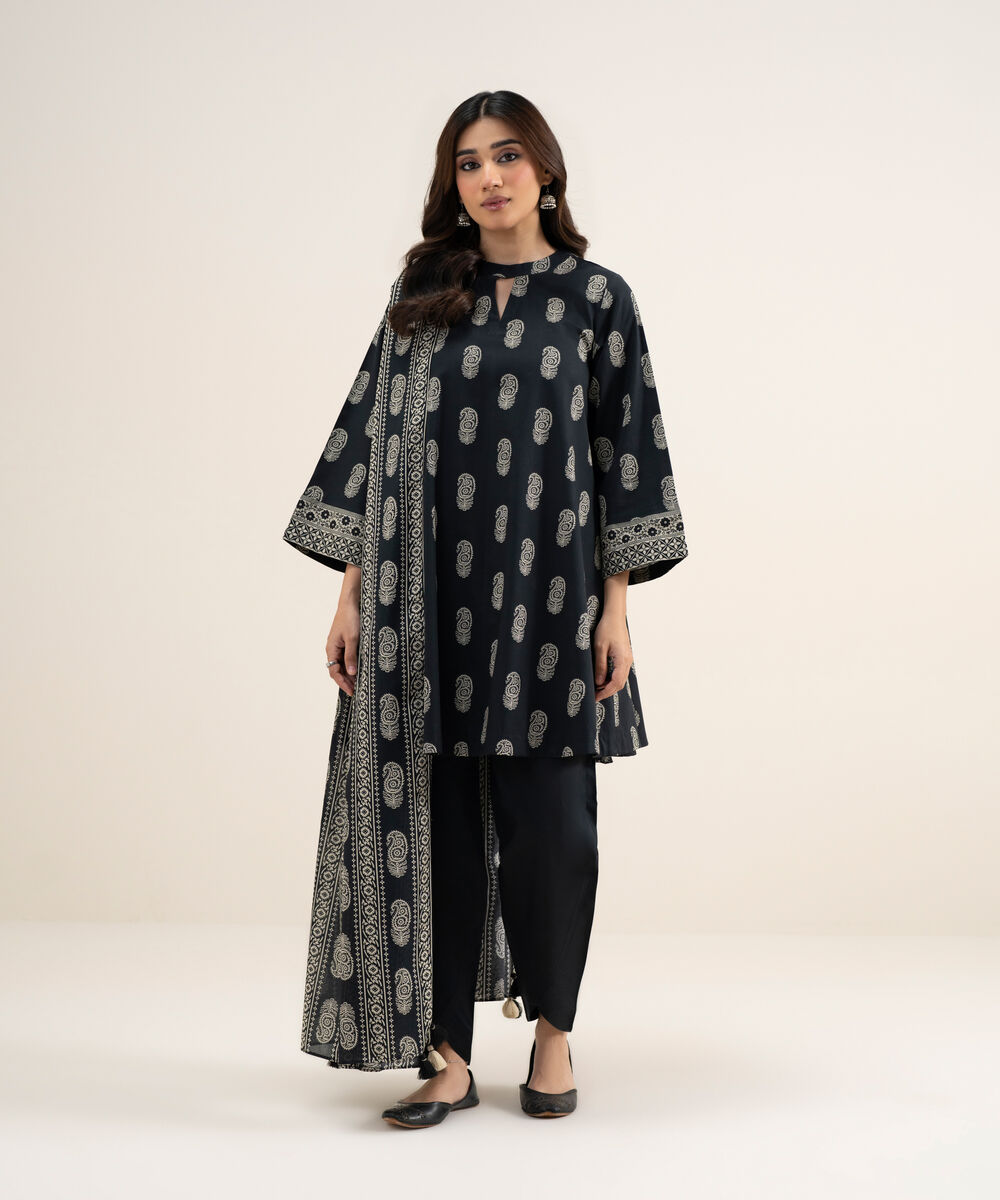 Women's Unstitched Lawn Printed Off White and Black 3 Piece Suit
