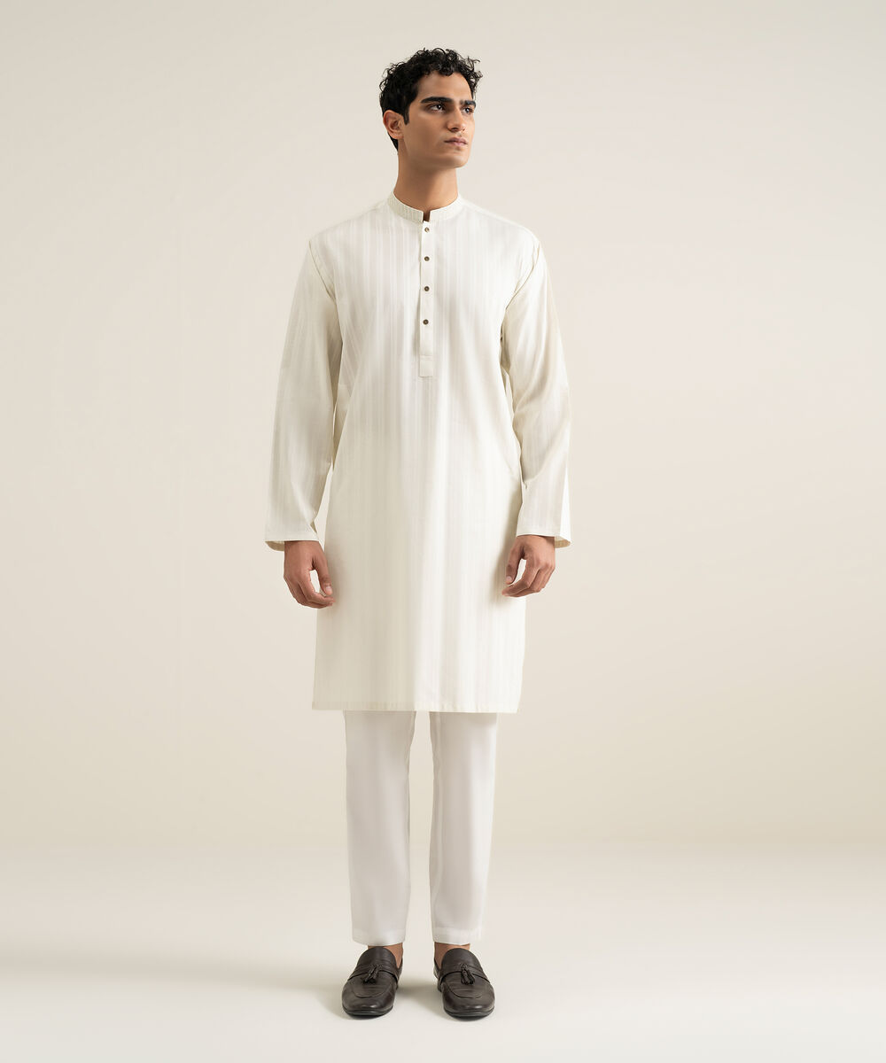 Men's light cream Leno Jacquard Kurta