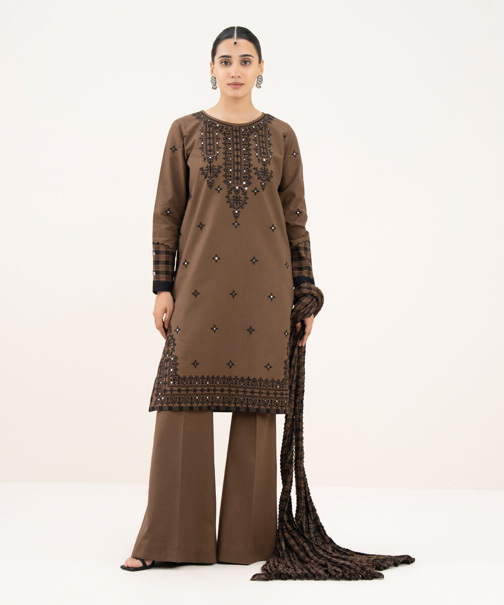 Women's Unstitched Cotton Embroidered Brown 3 Piece Suit