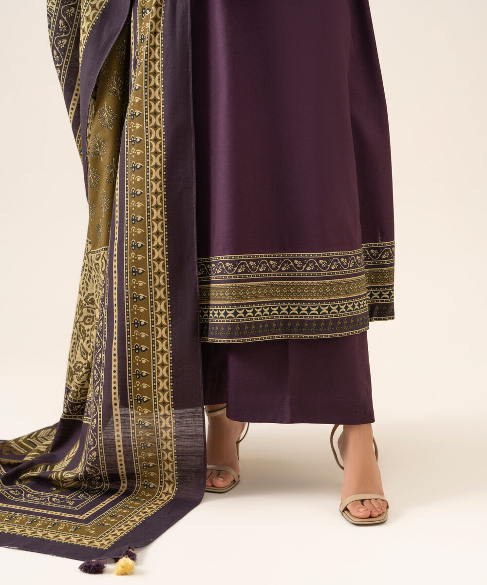 Women's Unstitched Light Khaddar Embroidered Plum 3 Piece Suit