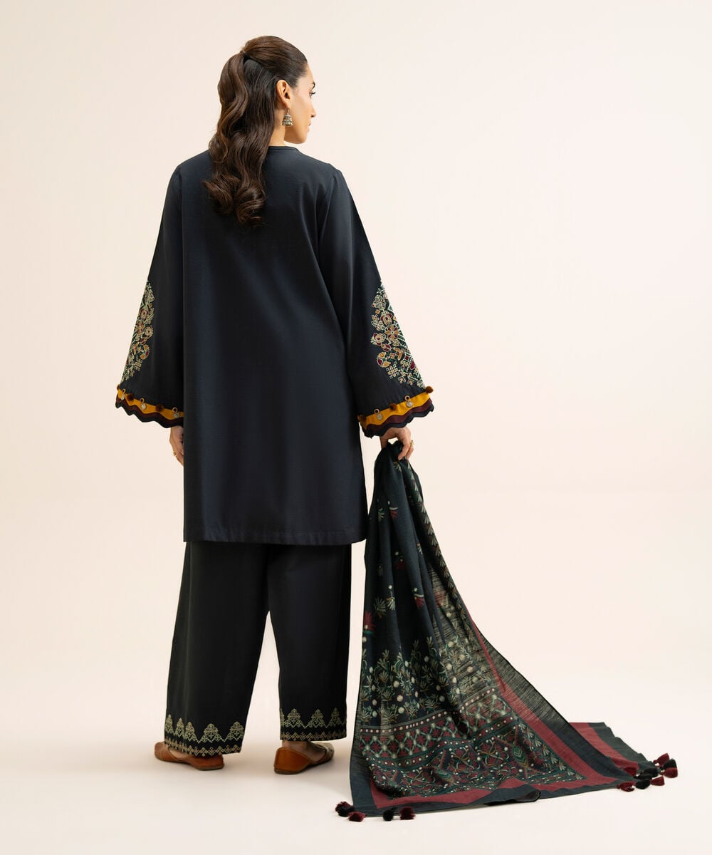 Women's Unstitched Light Khaddar Embroidered Black 3 Piece Suit