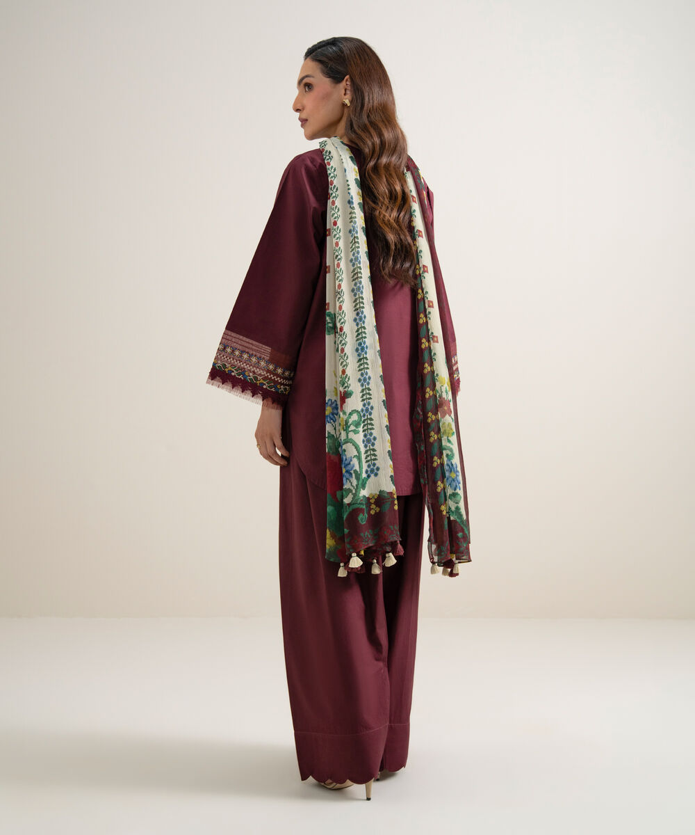 Women's Unstitched Textured Lawn Embroidered Red 3 Piece Suit
